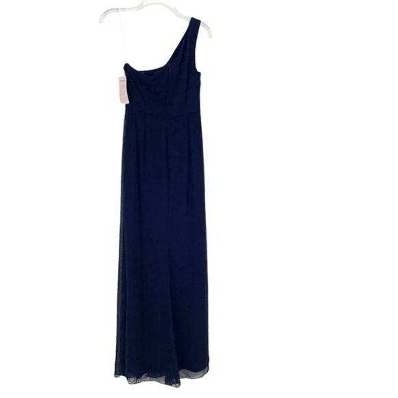 Dessy Thread One-Shoulder Chiffon Trumpet Bridesmaid Gown Navy size 12 NWT - Picture 3 of 10